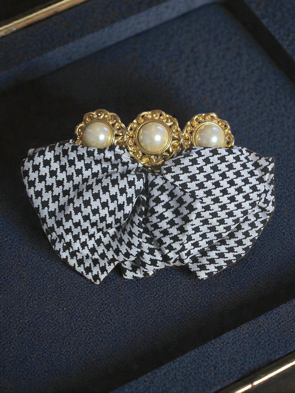 Deborah Rhodes 100% Silk Black & White Houndstooth Bow Faux Pearl Barrette